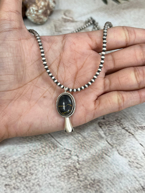 Handmade Sterling Silver Beaded Blackjack Turquoise Blossom Necklace Signed Nizhoni