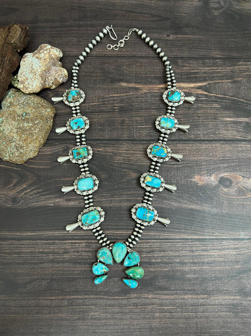 Handmade Sterling Silver South Hill Turquoise Beaded Necklace with Signed Nizhoni