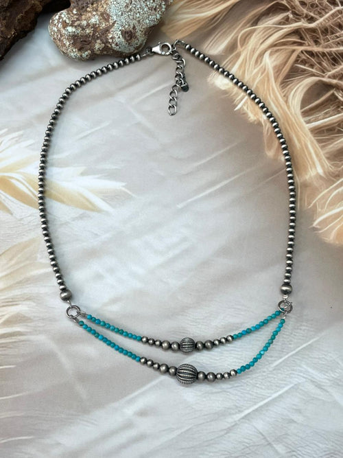 Handmade Sterling Silver Kingman Turquoise Beaded Necklace "Signed Nizhoni"