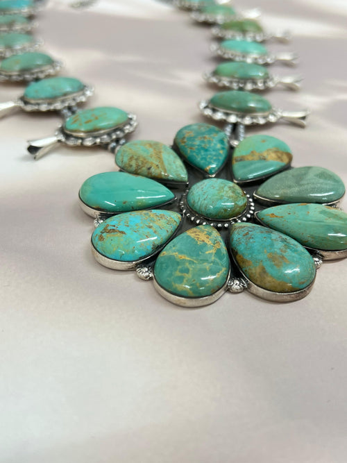 Handmade Sterling Silver Royston Turquoise Squash Blossom Necklace with Signed Nizhoni
