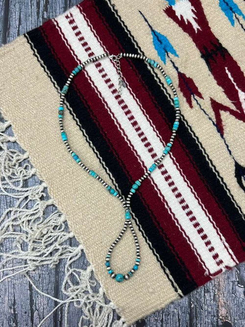 Handmade Sterling Silver Kingman Turquoise Beaded Necklace with Signed Nizhoni