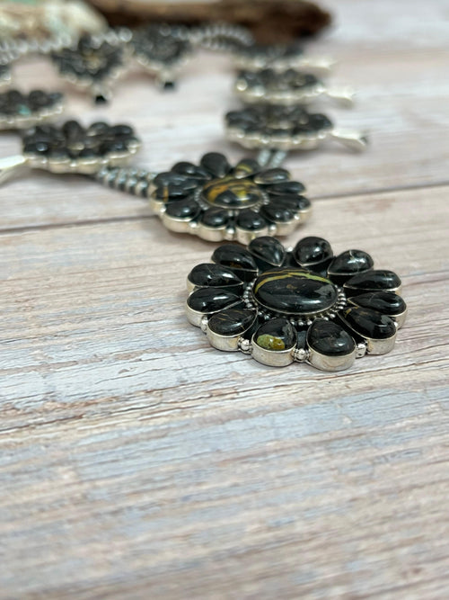 Handmade Sterling Silver Blackjack Turquoise Beaded Blossom Necklace Earrings Set with Signed Nizhoni