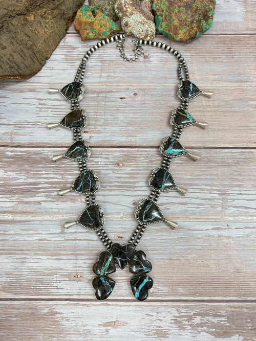 Handmade Sterling Silver Black Jack Beaded Squash Blossom Necklace with Signed Nizhoni