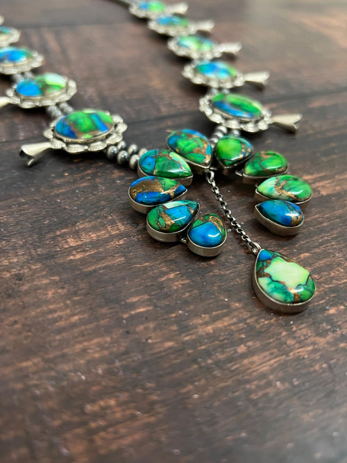 Handmade Sterling Silver Peacock Dahlia Beaded Necklace with Signed Nizhoni