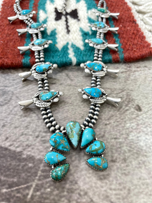 Handmade Sterling Silver South Hill Turquoise Squash Blossom Beaded Necklace with Signed Nizhoni