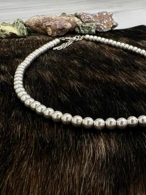 Handmade Sterling Silver 5MM Beaded Necklace with Signed Nizhoni