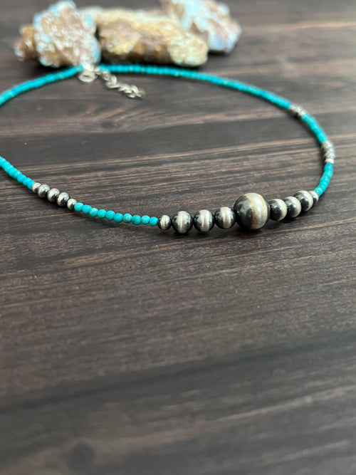 Handmade Sterling Silver Kingman Turquoise Beaded Necklace with Signed Nizhoni