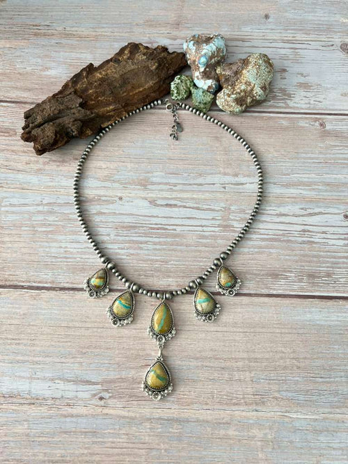 Handmade Sterling Silver Royston Ribbon Turquoise Beaded Necklace with Signed Nizhoni