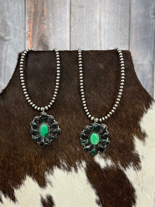 Handmade Sterling Silver Emerald Rose Beaded Necklace with Signed Nizhoni