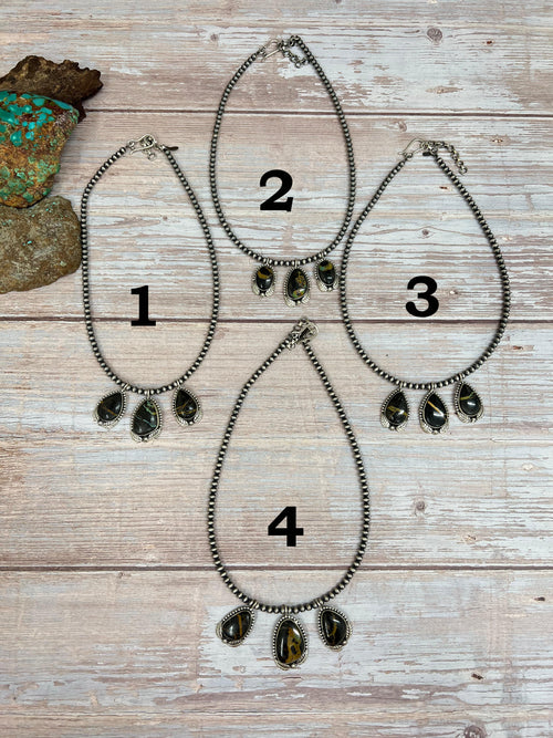 Handmade Sterling Silver Blackjack Turquoise Beaded Necklace with Signed Nizhoni