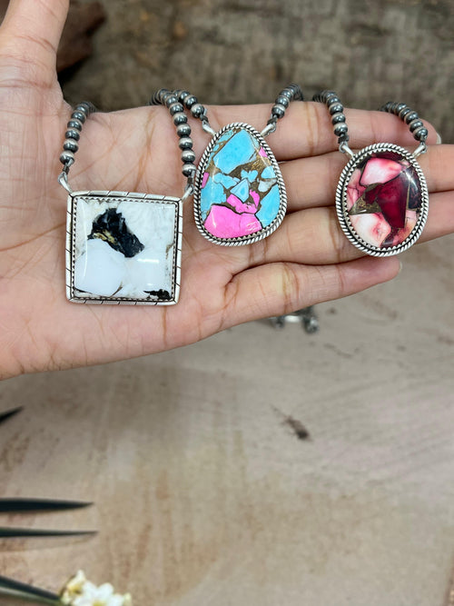 Handmade Sterling Silver Multi Stone Beaded Necklace, Signed Nizhoni