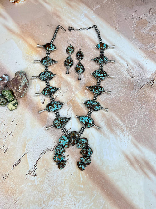 Handmade Sterling Silver Number 8 Turquoise Necklace Earrings Set, Signed Nizhoni