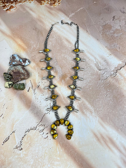 Handmade Sterling Silver Honey Dahlia Squash Blossom Necklace with Signed Nizhoni