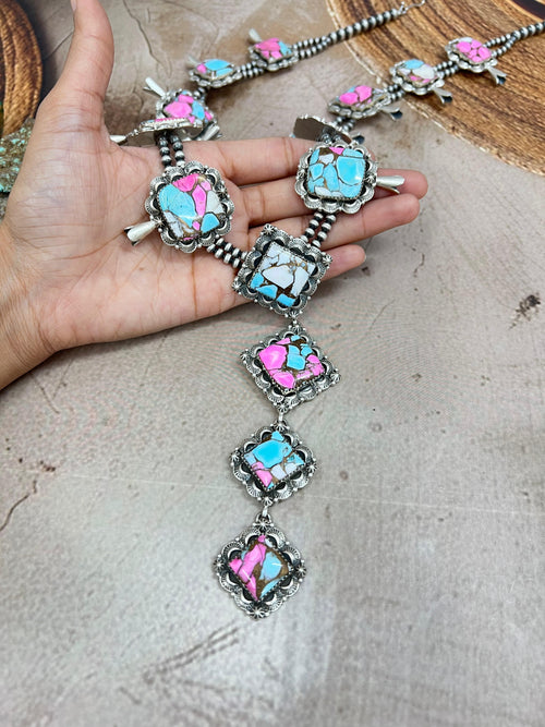 Handmade Sterling Silver Cotton Candy Turquoise Necklace with Signed Nizhoni