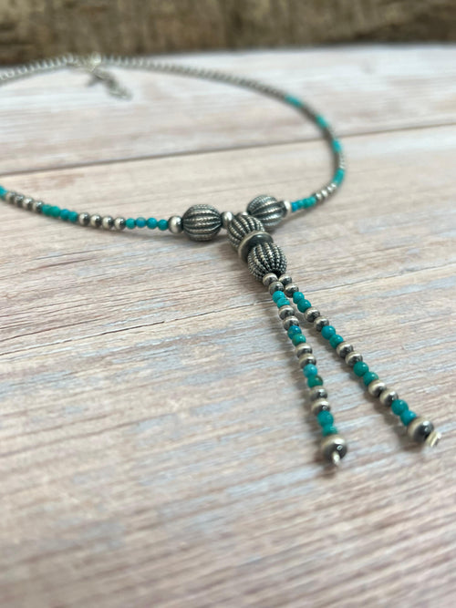 Handmade Sterling Silver Kingman Turquoise Beaded Necklace with Signed Nizhoni