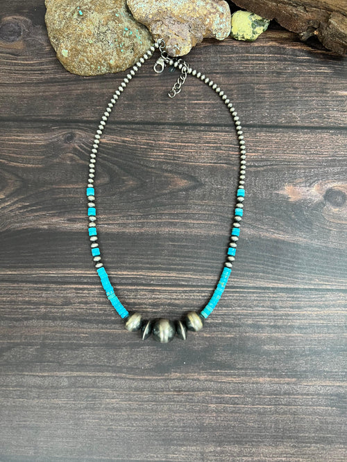 Handmade Sterling Silver Kingman Turquoise Beaded Necklace with Signed Nizhoni