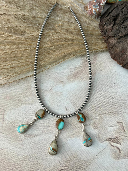 Handmade Sterling Silver Royston Ribbon Turquoise Beaded Necklace "Signed Nizhoni"