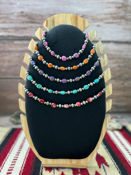 Handmade Sterling Silver Multistone Beaded Necklace "Signed Nizhoni"