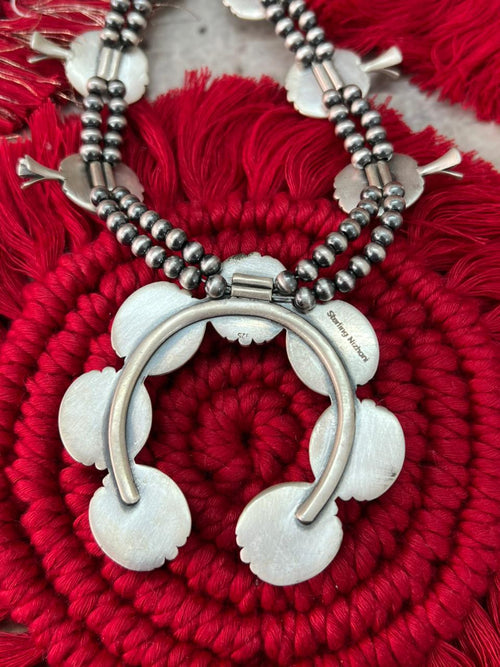 Handmade Sterling Silver Kingman Turquoise Squash Blossom Beaded Necklace "Signed Nizhoni"
