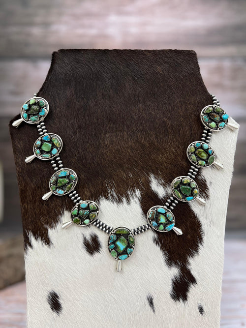 Handmade Sterling Silver Golden Hill Turquoise, Sonoran Mountain Turquoise Squash Blossom Beaded Necklace, Signed Nizhoni