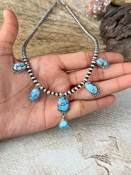 Handmade Sterling Silver Golden Hills Turquoise Beaded Necklace "Signed Nizhoni"