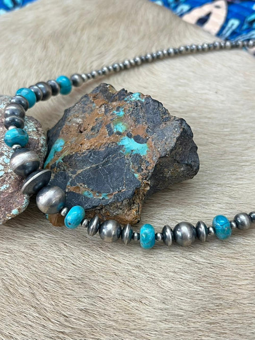 Handmade Sterling Silver Beaded Kingman Turquoise Necklace "Signed Nizhoni"