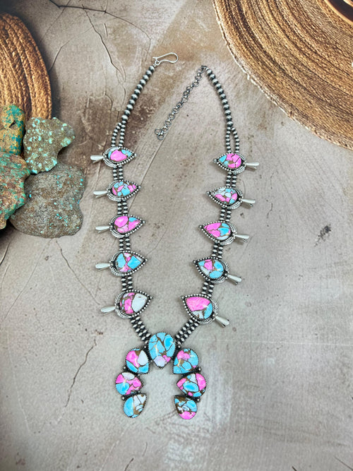 Handmade Sterling Silver Cotton Candy Turquoise Necklace with Signed Nizhoni