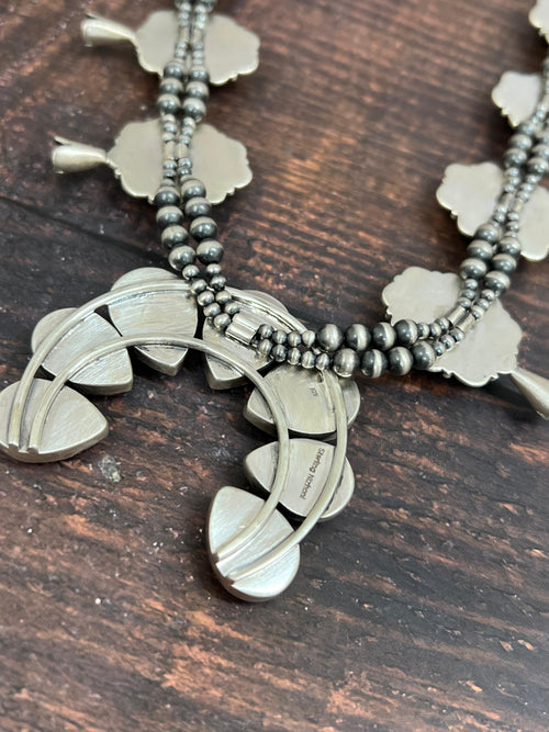 Handmade Sterling Silver Dahlia Rose Squash Blossom Necklace with Signed Nizhoni (4)