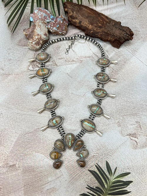 Handmade Sterling Silver Royston Ribbon Turquoise Squash Blossom Beaded Necklace with Signed Nizhoni