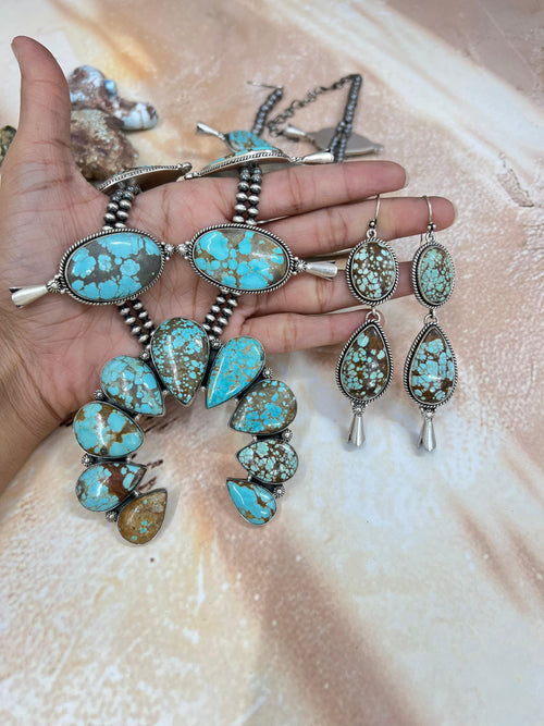 Handmade Sterling Silver Number 8 Turquoise Necklace Earrings Set, Signed Nizhoni