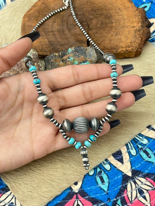 Handmade Sterling Silver Beaded Kingman Turquoise Necklace "Signed Nizhoni"
