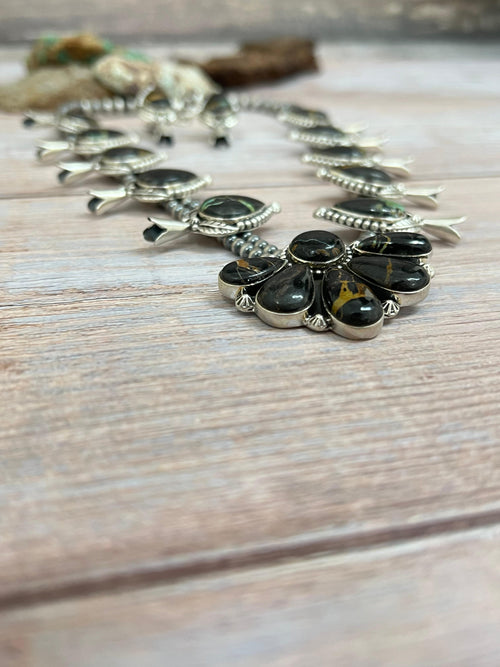 Handmade Sterling Silver Blackjack Turquoise Beaded Necklace Earrings Set with Signed Nizhoni