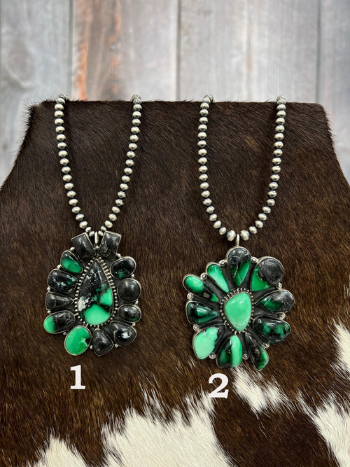 Handmade Sterling Silver Emerald Rose Necklace with Signed Nizhoni