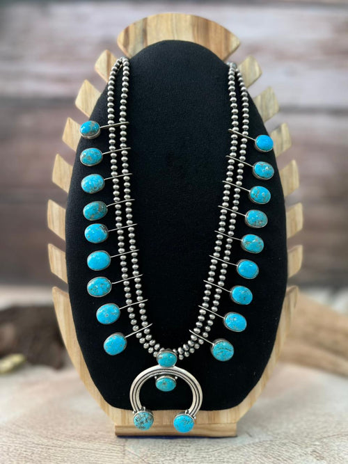 Handmade Sterling Silver Blue Bird with Arizona Blue Turquoise Beaded Necklace "Signed Nizhoni"