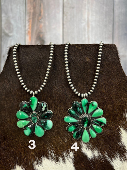 Handmade Sterling Silver Emerald Rose Necklace with Signed Nizhoni