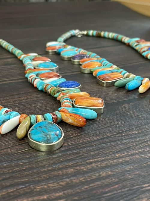 Handmade Sterling Silver Kachina Turquoise Beaded Necklace with Signed Nizhoni