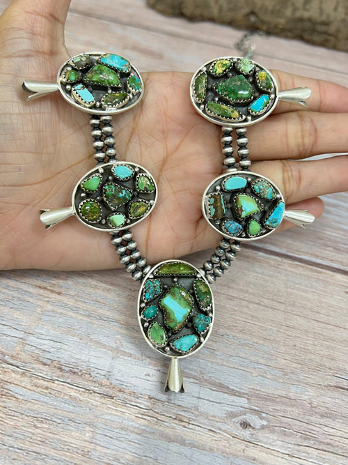 Handmade Sterling Silver Golden Hill Turquoise, Sonoran Mountain Turquoise Squash Blossom Beaded Necklace, Signed Nizhoni