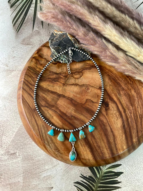 Handmade Sterling Silver Santa Maria Turquoise Beaded Necklace "Signed Nizhoni"