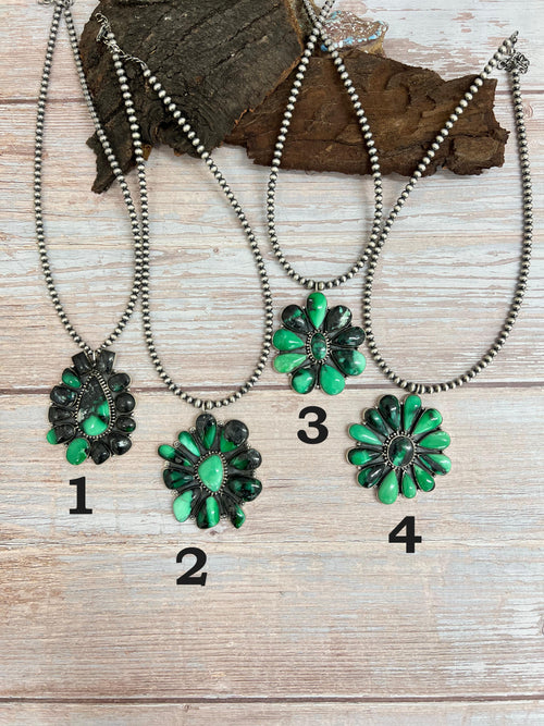 Handmade Sterling Silver Emerald Rose Necklace with Signed Nizhoni