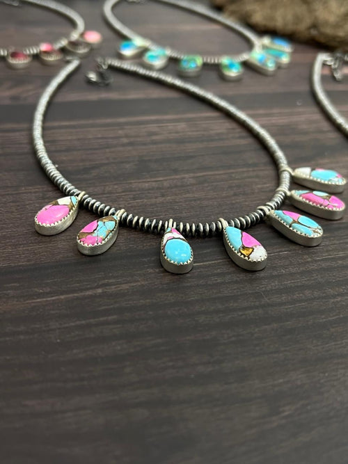 Handmade Sterling Silver Multi Stone Beaded Necklace with Signed Nizhoni