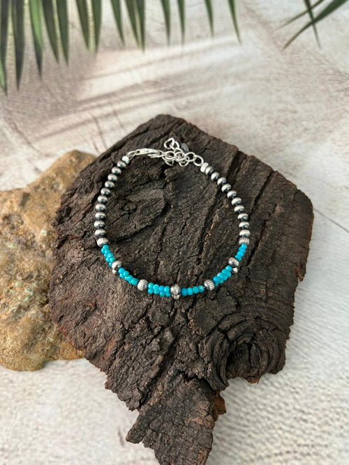 Handmade Sterling Silver Kingman Turquoise Beaded Bracelet "Signed Nizhoni"