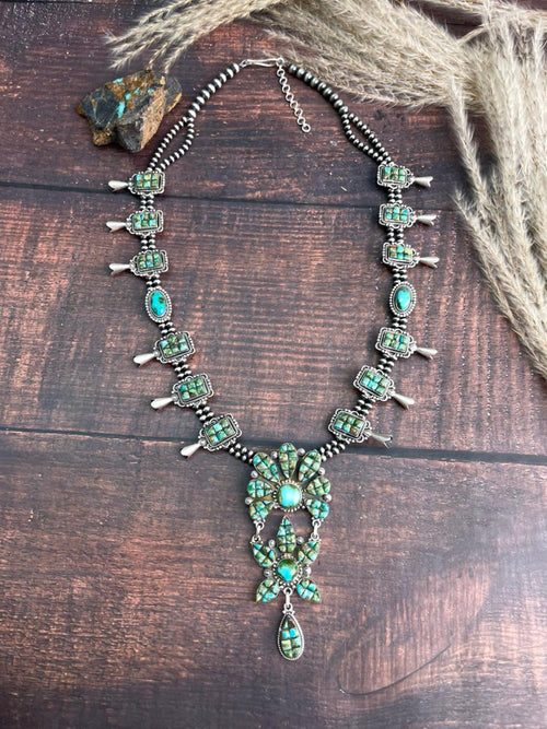 Handmade Sterling Silver Sonoran Cobble Collection: Sonoran Mountain Turquoise Squash Blossom Beaded Necklace "Signed Nizhoni"