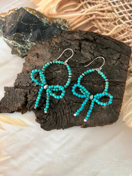 Handmade Sterling Silver Kingman Turquoise Hook Dangle Bow Style Beaded Earrings