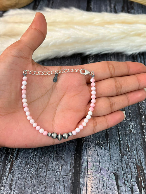 Handmade Sterling Silver Queen Pink Conch Collection: Beaded Chain Bracelet Signed Nizhoni (9)