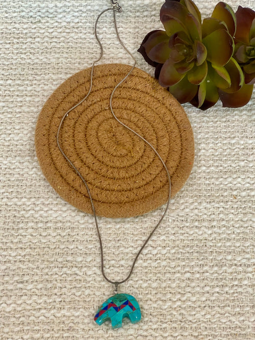 Vintage Old Pawn Turquoise & Multi Stone Bear and Sterling Silver Necklace
