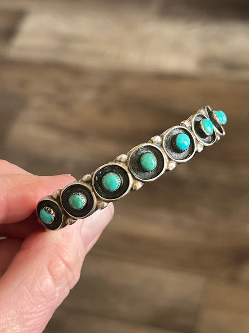 Handcrafted Vintage Sterling Silver and Round Turquoise Panel Stacker Cuff Bracelet