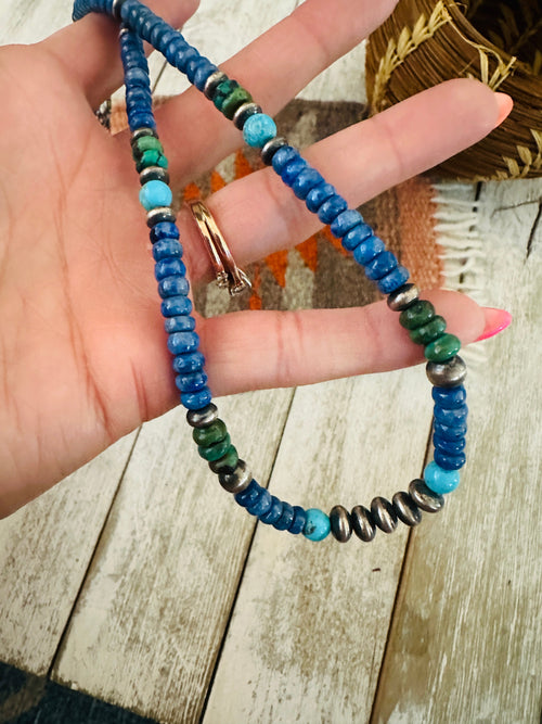 Navajo Lapis, Turquoise & Sterling Silver 18” Beaded Necklace