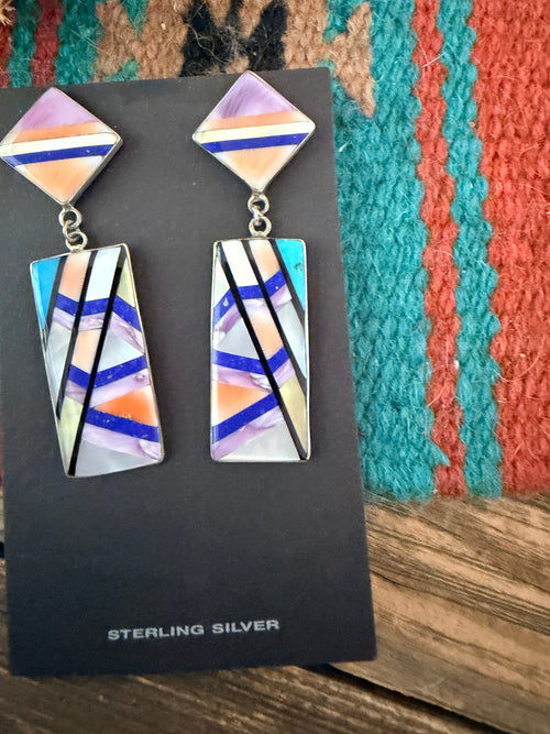Old Pawn Handcrafted Sterling Silver & Multi Stone Inlay Dangle Earrings