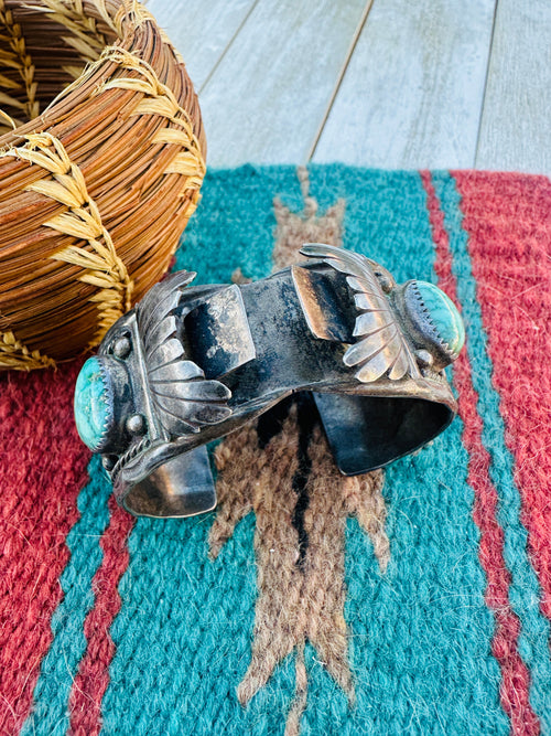 Handcrafted Old Pawn Sterling Silver & Turquoise Watch Cuff Bracelet