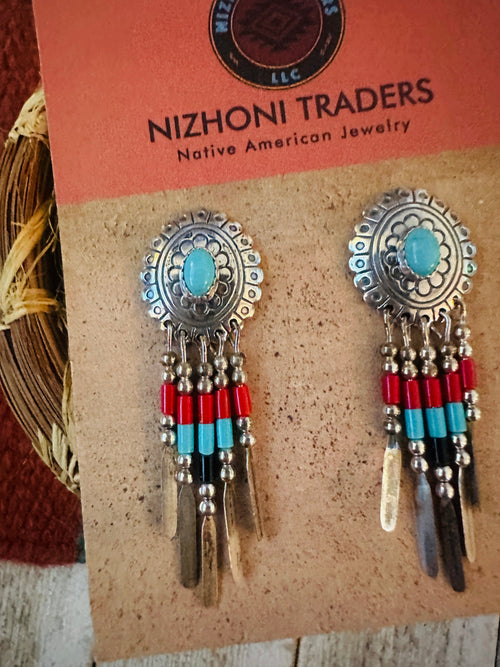 Handcrafted Old Pawn Sterling Silver & Multi Stone Beaded Dream Catcher Dangle Earrings